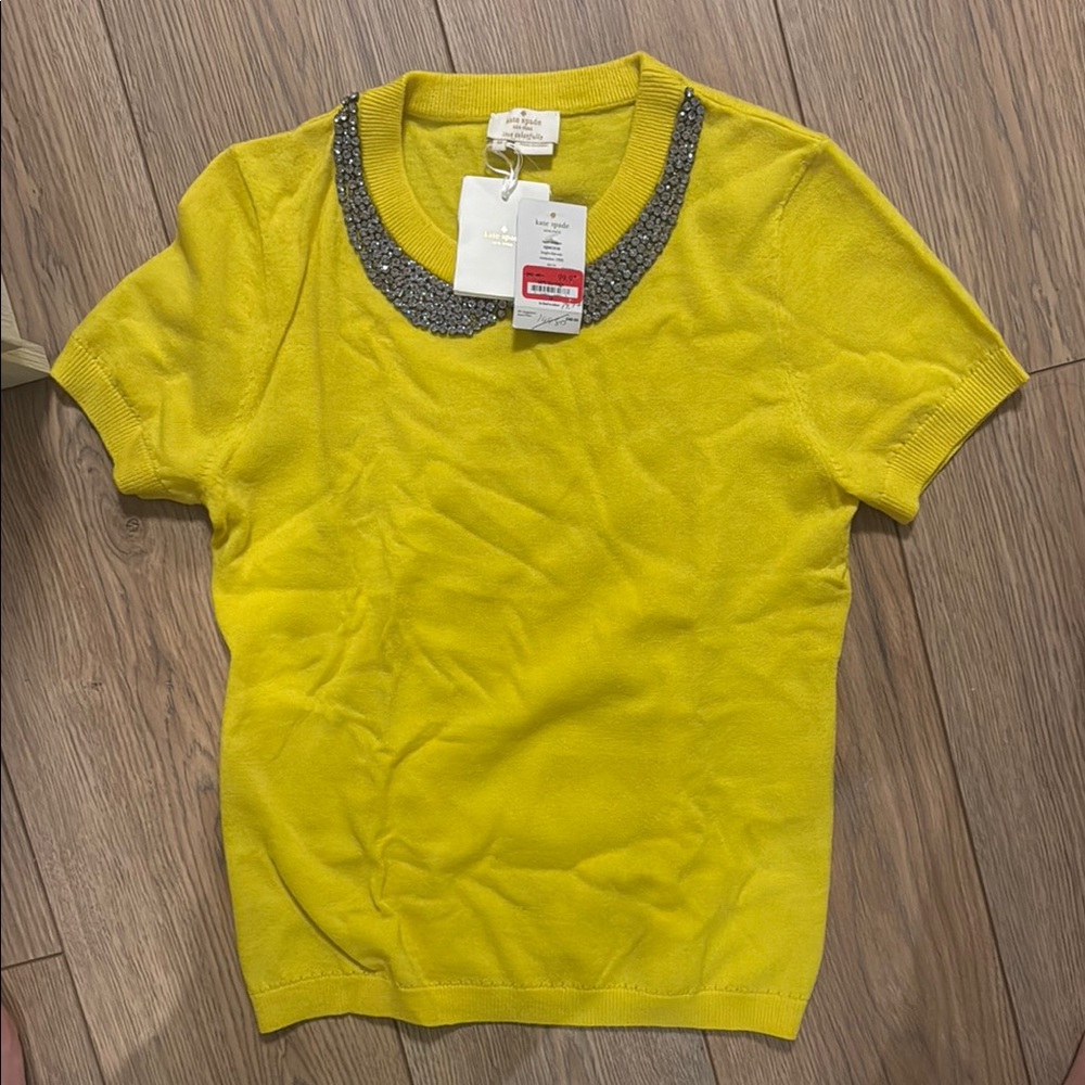 Yellow Short Sleeve Sweater with Beaded Collar